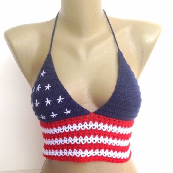 American Flag Crochet Halter Bikini Bralette Top - Picture 5 of 5